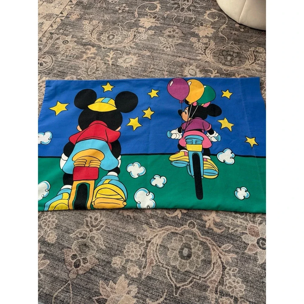Disney Mickey & Minnie Mouse Standard Pillowcase Blue & Green Bike Vintage